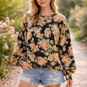 Loft SZ M Floral Puff Sleeve Sweatshirt Black